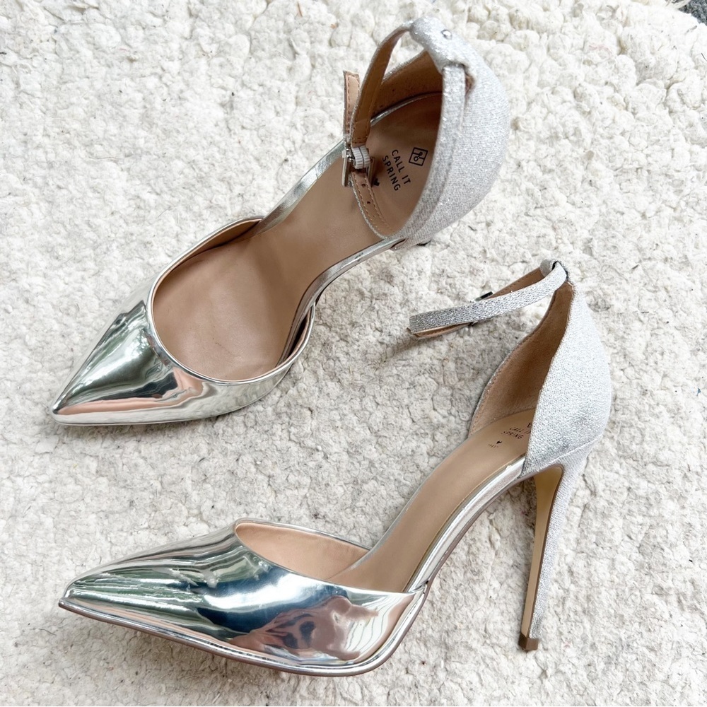 Call It Spring: Metallic Silver Vegan Pointed Toe Ankle Strap Glitter Pumps Sz 9